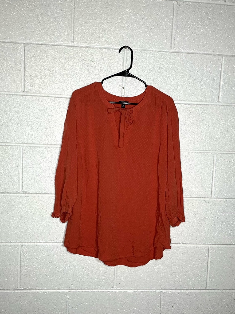 < Torrid Orange Textured Long Sleeve Tie Neck Blouse >